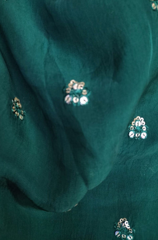 Green Embroidered Trendy Organza Sequins Work Fabric ( 1 Mtr )
