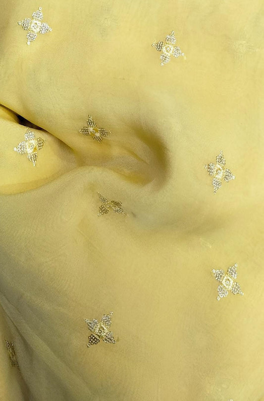 Yellow Embroidered Trendy Organza Sequins Work Fabric ( 1 Mtr ) - Luxurion World
