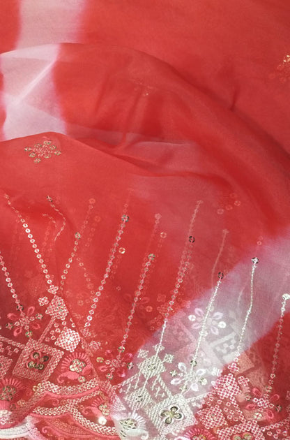 Red Embroidered Trendy Leheriya Organza Sequins Work Fabric ( 1 Mtr ) - Luxurion World
