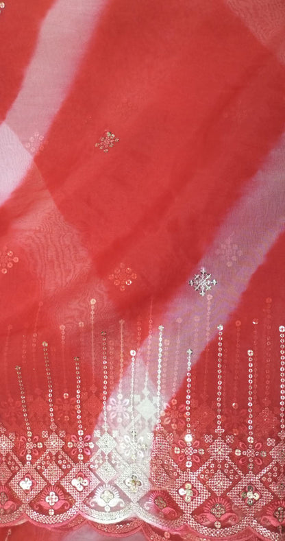 Red Embroidered Trendy Leheriya Organza Sequins Work Fabric ( 1 Mtr ) - Luxurion World