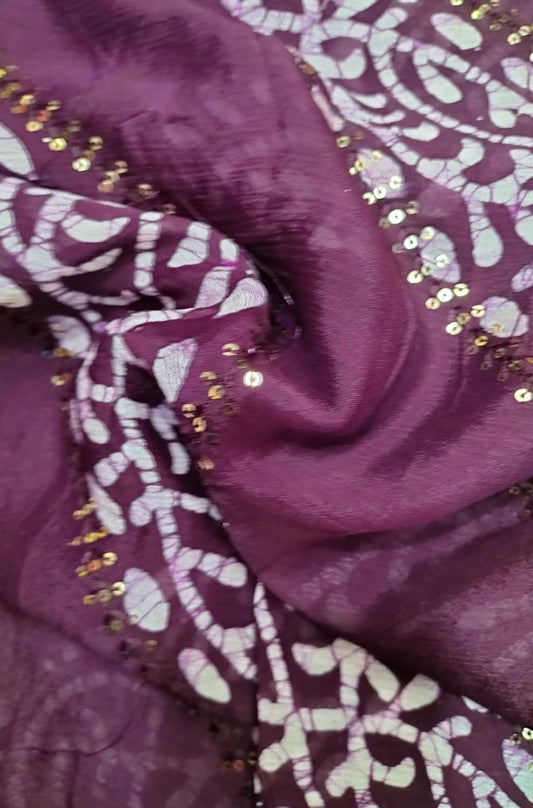 Purple Batik Print Trendy Georgette Sequins Work Fabric ( 1 Mtr )