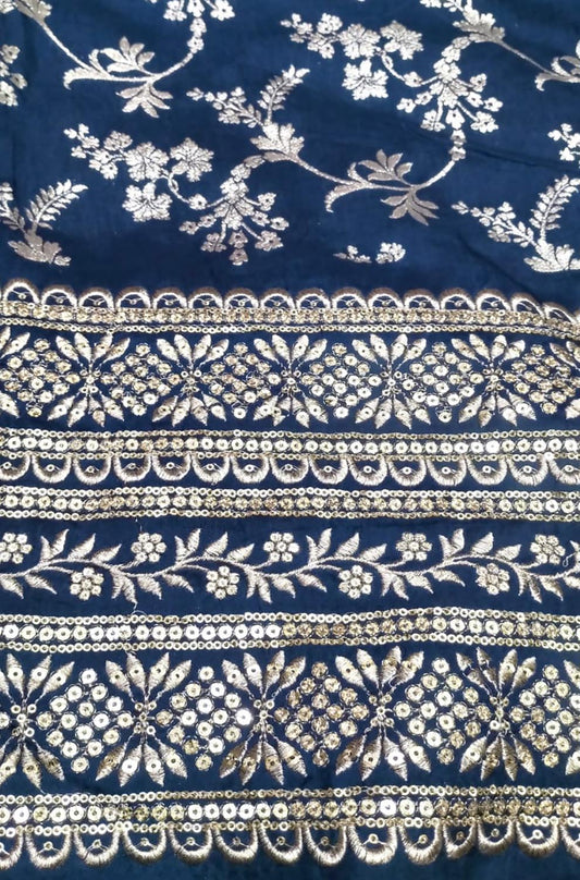 Blue Embroidered Digital Foil Print Trendy Chanderi Silk Sequins Work Fabric ( 1 Mtr )