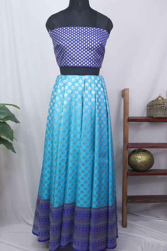 Blue Banarasi Silk Unstitched Lehenga With Banarasi Silk Blouse Piece Fabric - Luxurion World