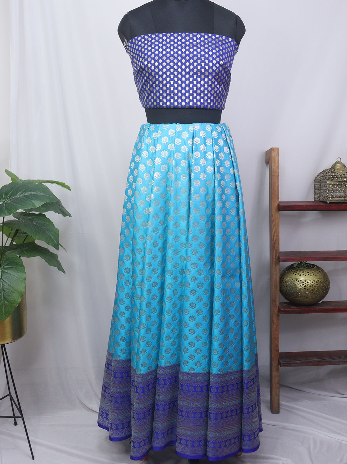 Blue Banarasi Silk Unstitched Lehenga With Banarasi Silk Blouse Piece Fabric - Luxurion World