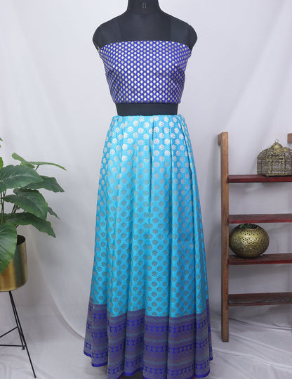 Blue Banarasi Silk Unstitched Lehenga With Banarasi Silk Blouse Piece Fabric - Luxurion World