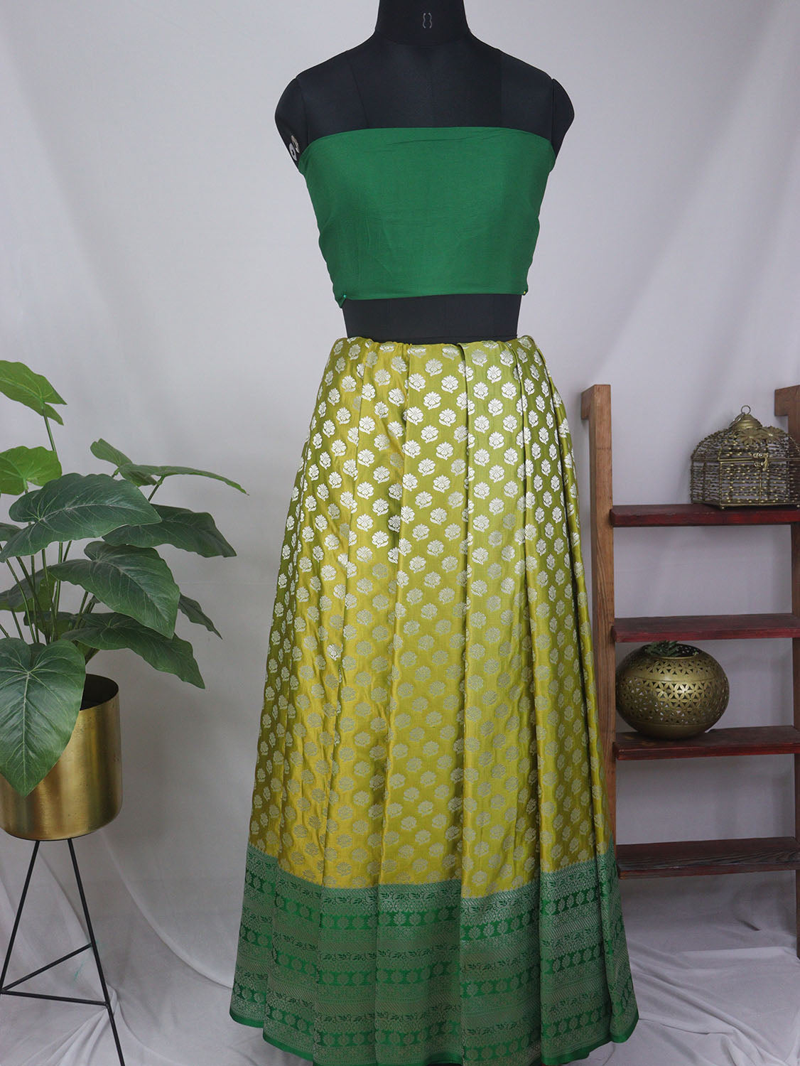 Green Banarasi Silk Unstitched Lehenga With Cotton Silk Blouse Piece Fabric - Luxurion World