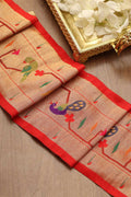 Exquisite Red Paithani Silk Lace with Peacock & Parrot Motifs( 1 Mtr ) - Luxurion World