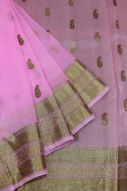 Exquisite Pink Handloom Banarasi Pure Kora Silk Saree - Perfect for Any Occasion