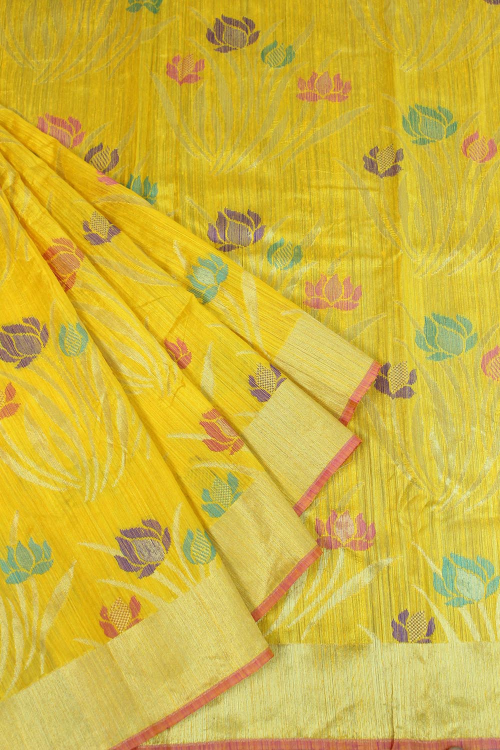 Lotus Meenakari Yellow Banarasi Dupion Silk Saree - Luxurion World