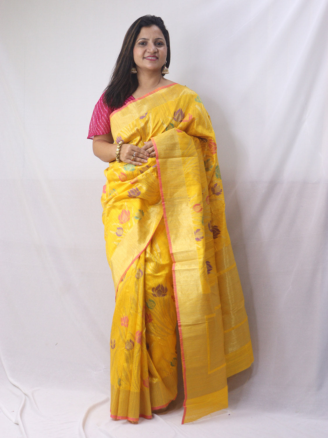 Lotus Meenakari Yellow Banarasi Dupion Silk Saree - Luxurion World