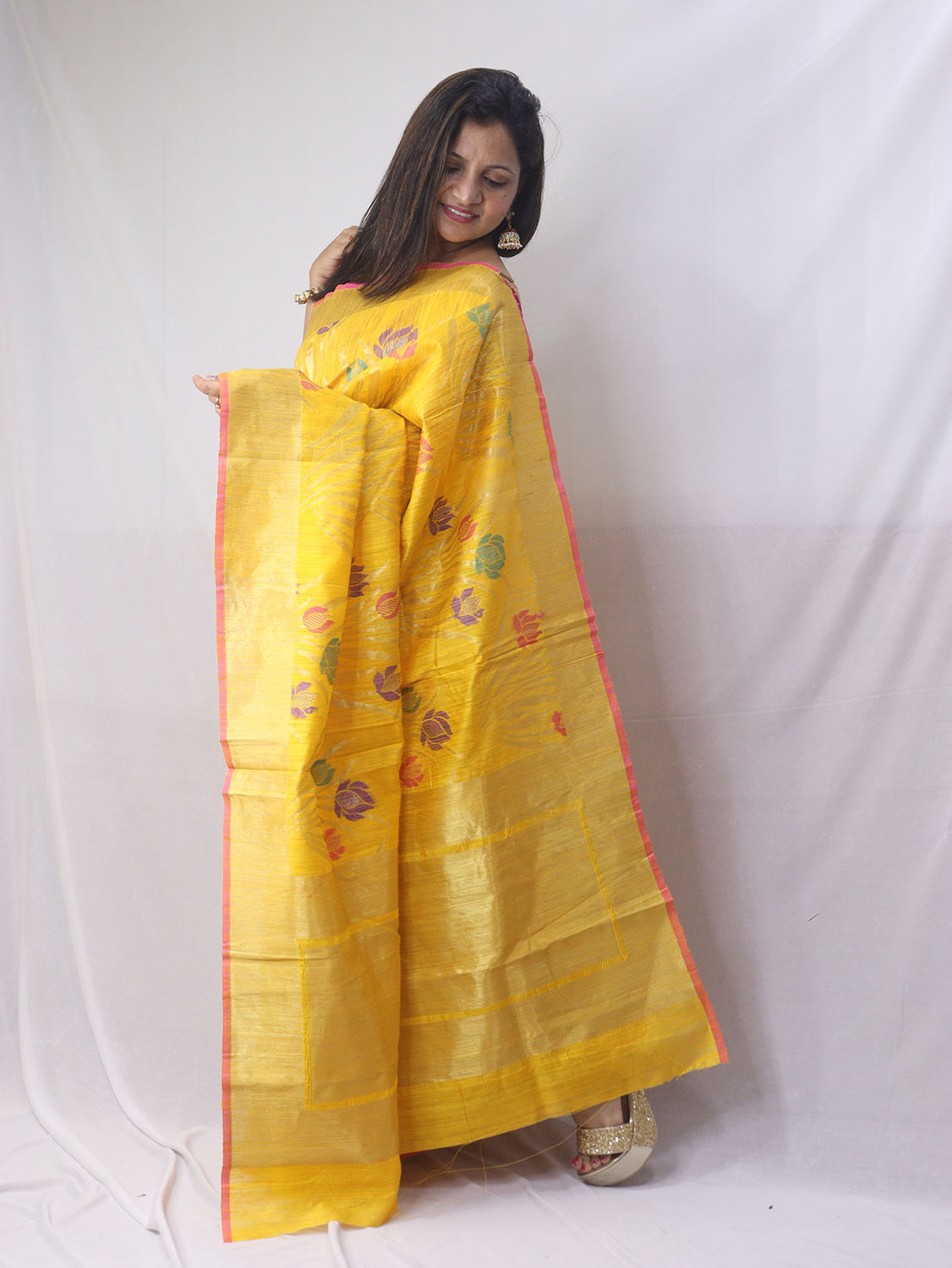 Lotus Meenakari Yellow Banarasi Dupion Silk Saree - Luxurion World
