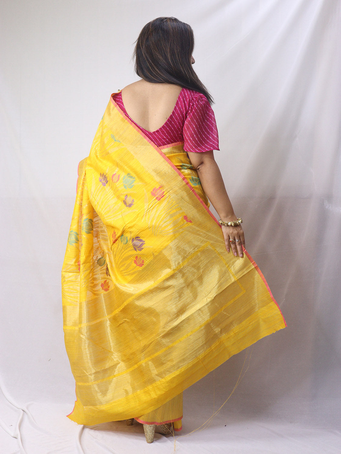 Lotus Meenakari Yellow Banarasi Dupion Silk Saree - Luxurion World