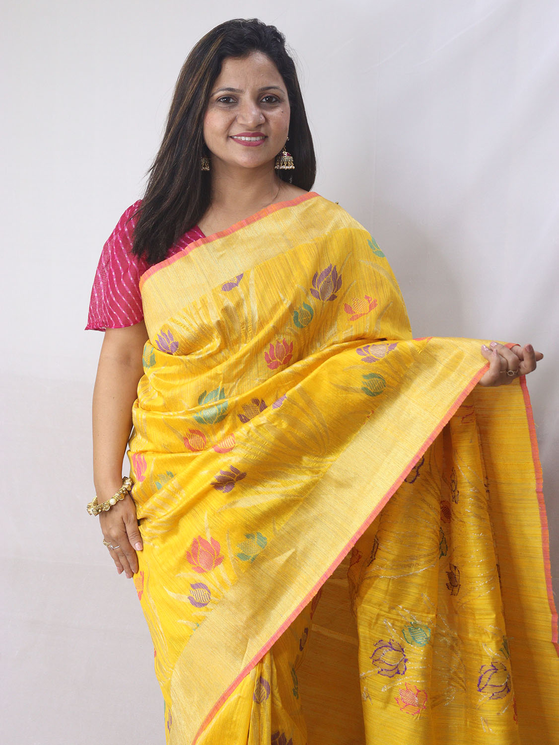 Lotus Meenakari Yellow Banarasi Dupion Silk Saree - Luxurion World