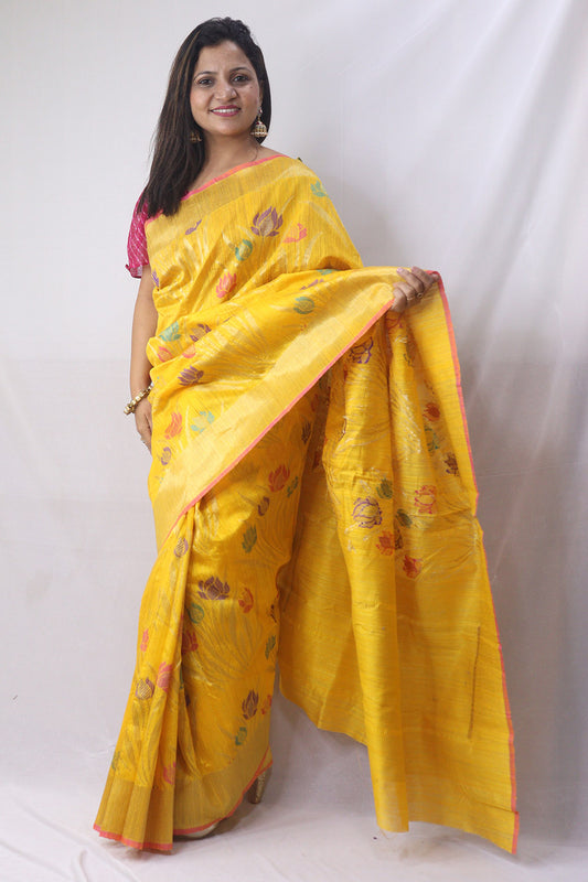 Lotus Meenakari Yellow Banarasi Dupion Silk Saree