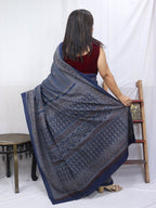 Blue Block Printed Ajrakh Work Cotton Saree - Luxurion World