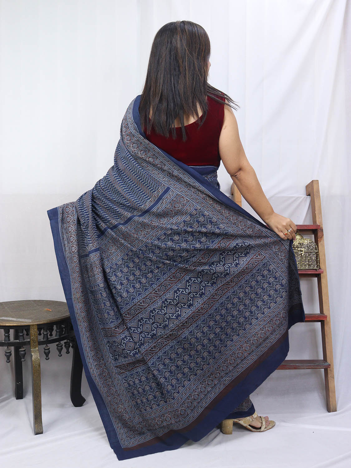 Blue Block Printed Ajrakh Work Cotton Saree - Luxurion World