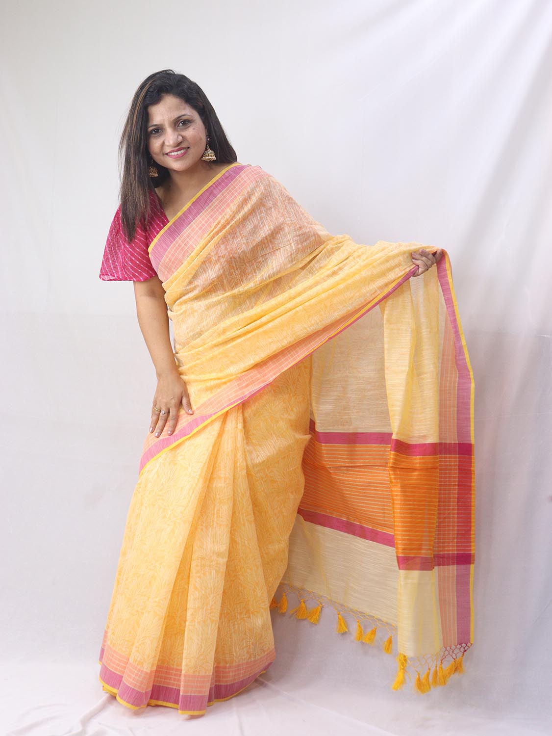Pure Silk Saree Of Turmeric Yellow Color, 6.3 m (With Blouse Piece)