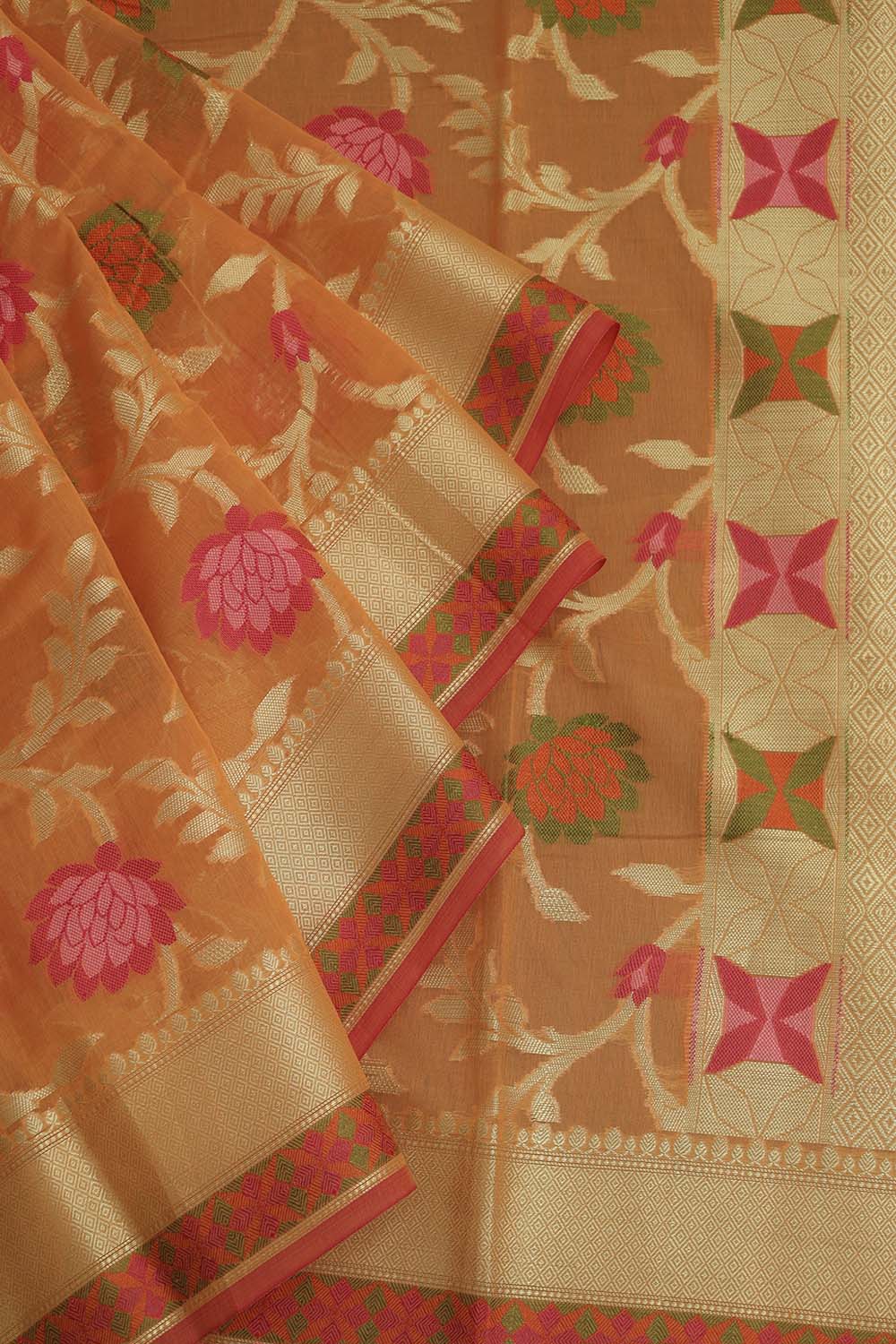 Stunning Orange Banarasi Cotton Silk Saree with Meenakari Work - Luxurion World