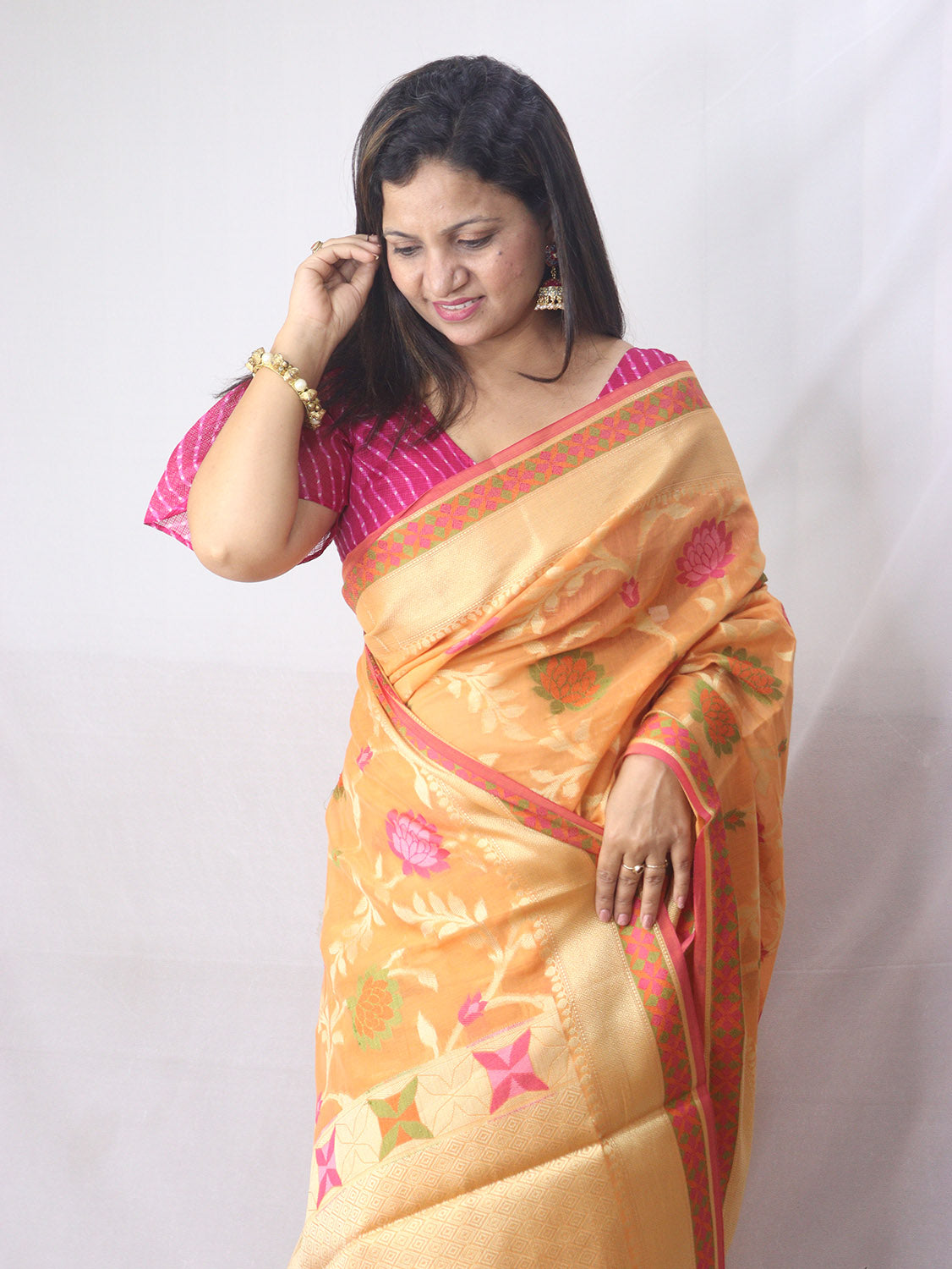 Stunning Orange Banarasi Cotton Silk Saree with Meenakari Work - Luxurion World