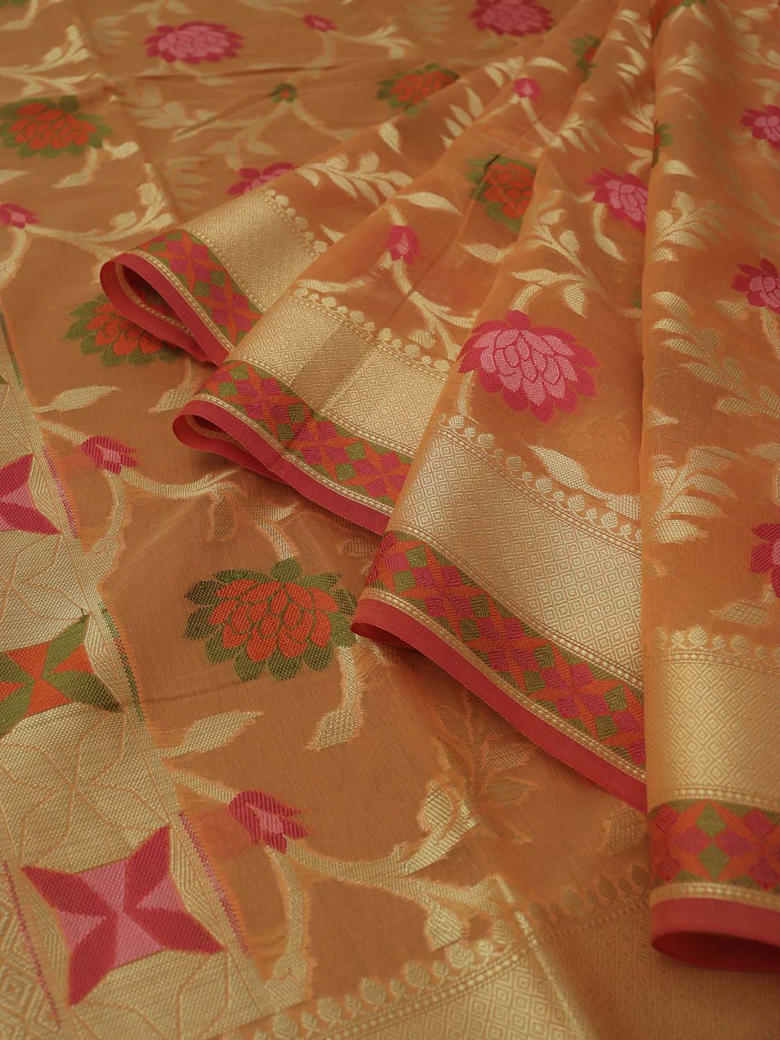 Stunning Orange Banarasi Cotton Silk Saree with Meenakari Work - Luxurion World