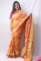 Stunning Orange Banarasi Cotton Silk Saree with Meenakari Work - Luxurion World