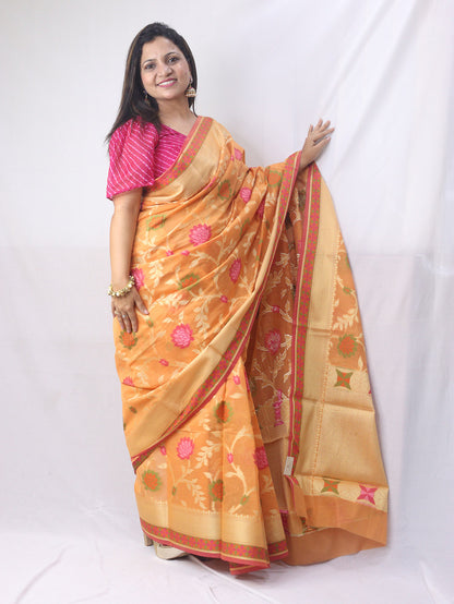 Stunning Orange Banarasi Cotton Silk Saree with Meenakari Work