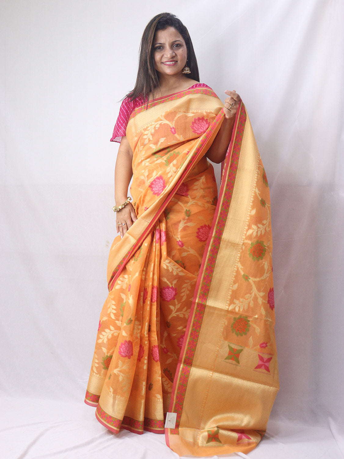 Stunning Orange Banarasi Cotton Silk Saree with Meenakari Work