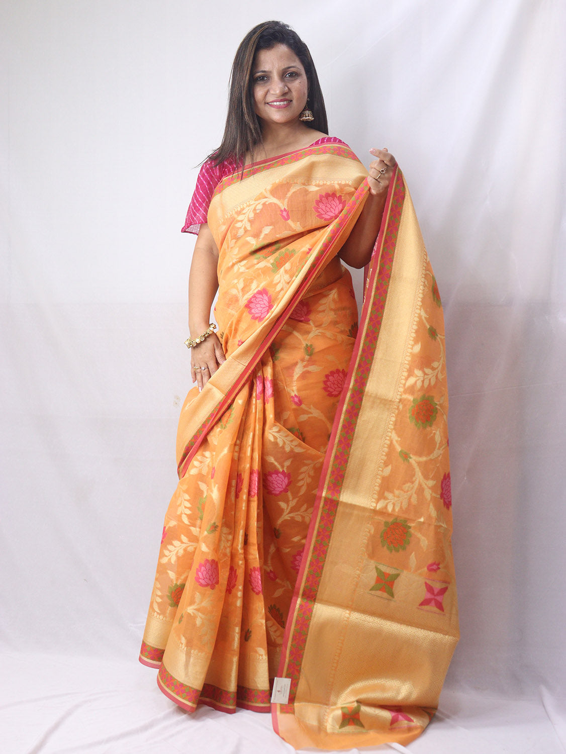 Stunning Orange Banarasi Cotton Silk Saree with Meenakari Work - Luxurion World