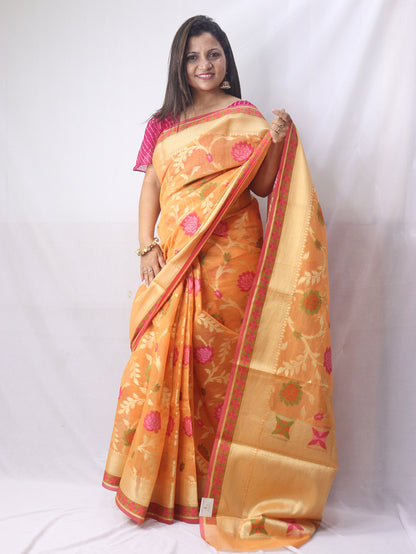 Stunning Orange Banarasi Cotton Silk Saree with Meenakari Work - Luxurion World