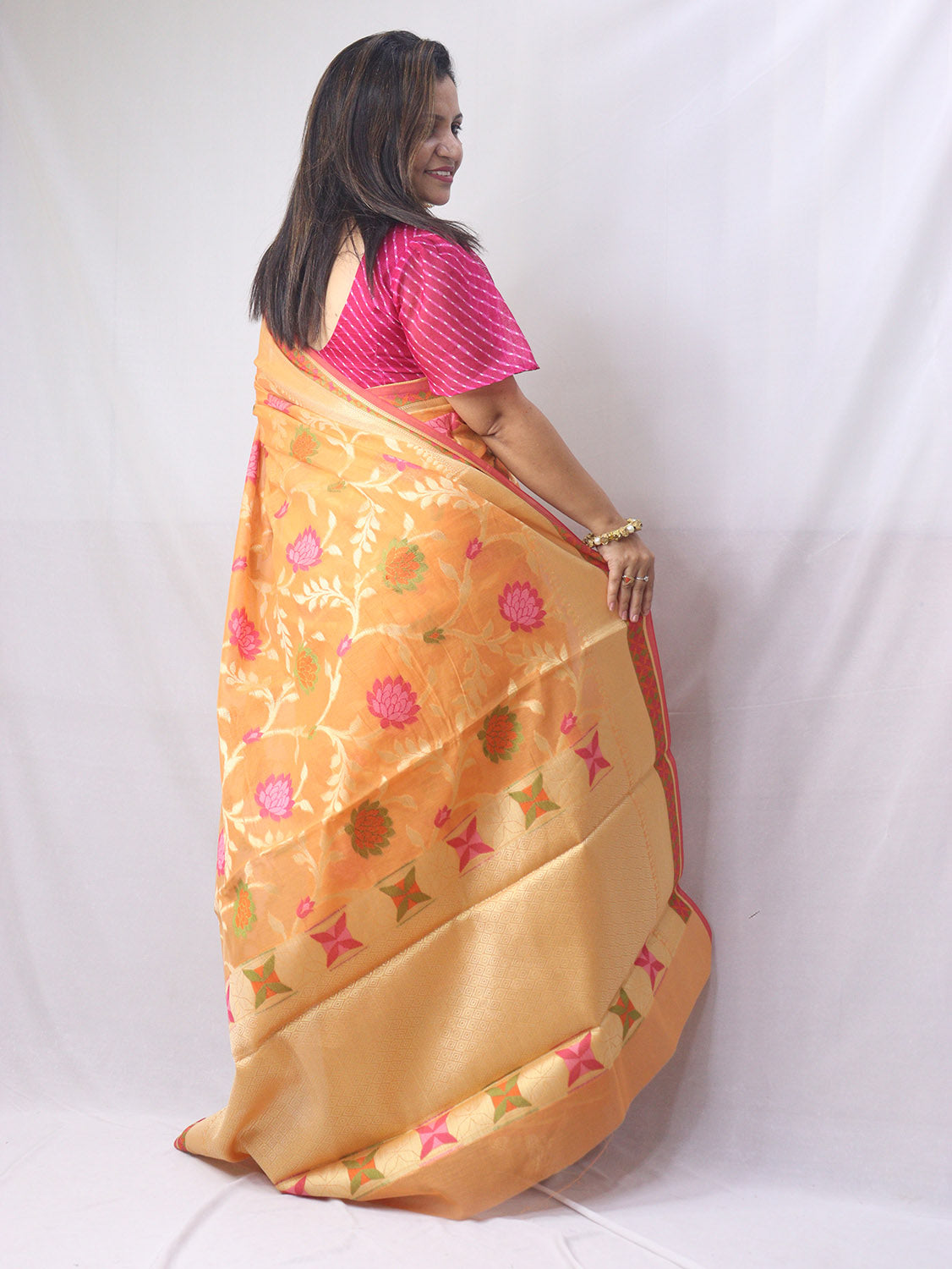Stunning Orange Banarasi Cotton Silk Saree with Meenakari Work - Luxurion World