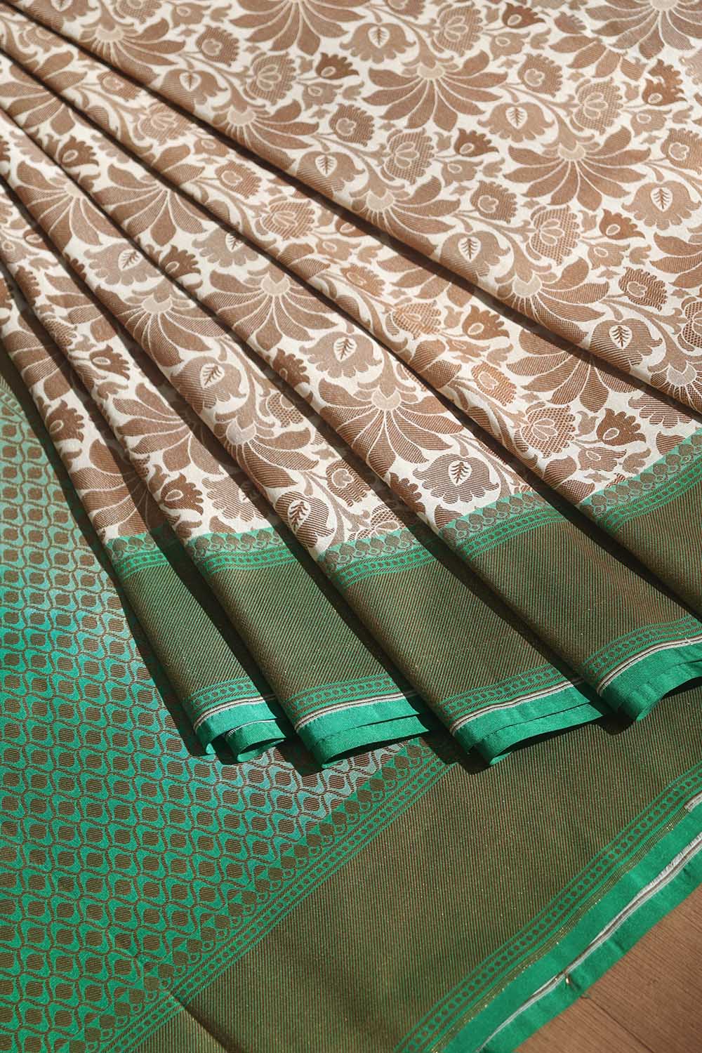 Off White and Green Floral Banarasi Silk Saree - Luxurion World