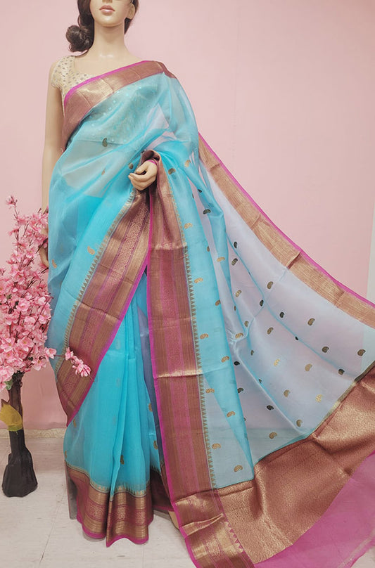 Blue Handloom Banarasi Pure Kora Silk Saree - Luxurion World