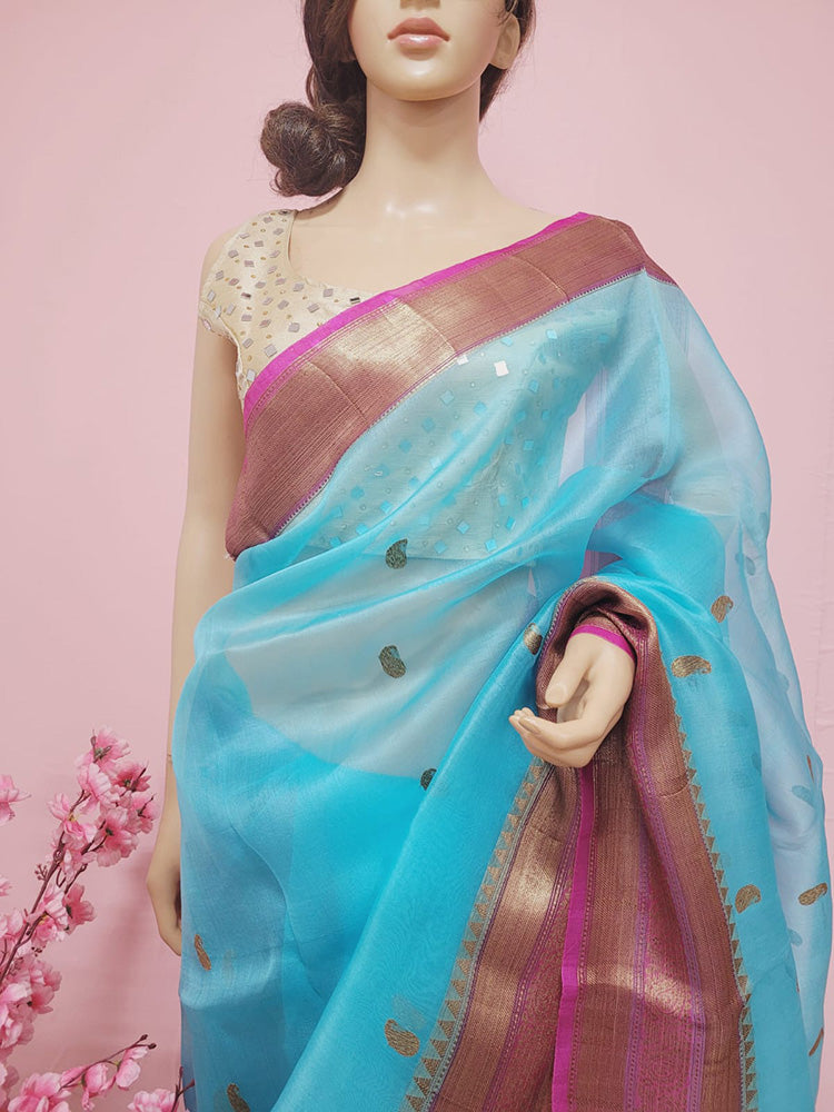 Blue Handloom Banarasi Pure Kora Silk Saree - Luxurion World