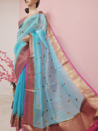 Blue Handloom Banarasi Pure Kora Silk Saree - Luxurion World