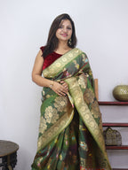 Green Banarasi Silk Floral Design Meenakari Saree - Luxurion World