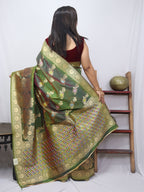 Green Banarasi Silk Floral Design Meenakari Saree - Luxurion World