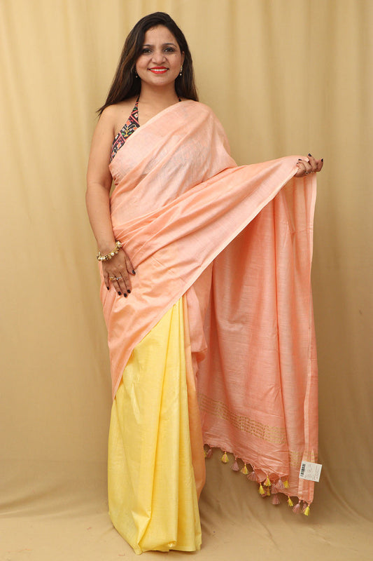 Elegant Peach And Yellow Bhagalpur Linen Cotton ShadedSaree - Luxurion World