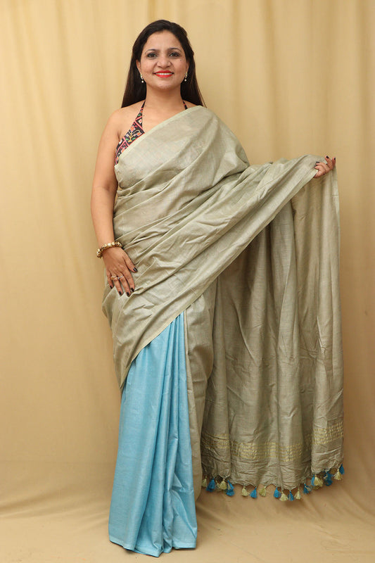 Elegant Grey And Blue Linen Cotton Saree from Bhagalpur