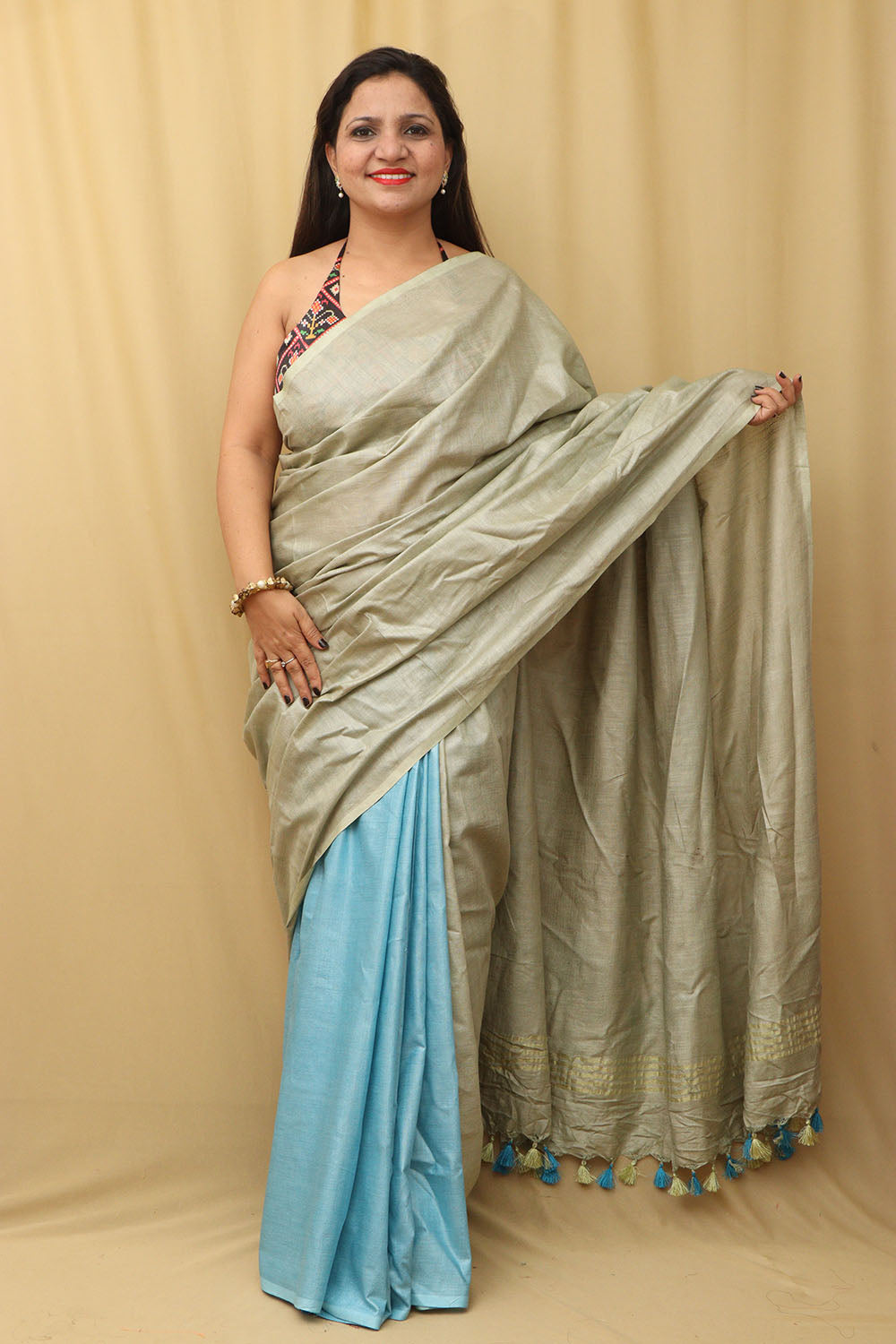 1 min Ready To Wear - Grey And Blue Linen Cotton Shaded Saree from Bhagalpur - Luxurion World