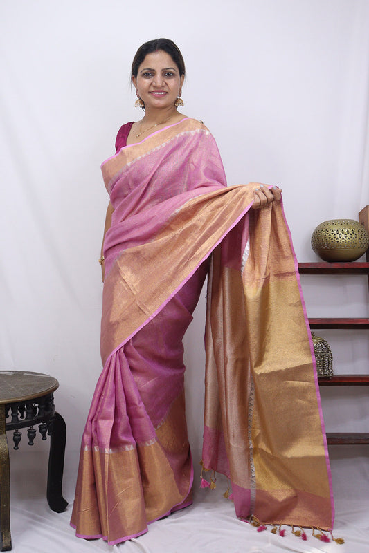 Pink Handloom Bhagalpur Tissue Linen Silk Saree - Luxurion World