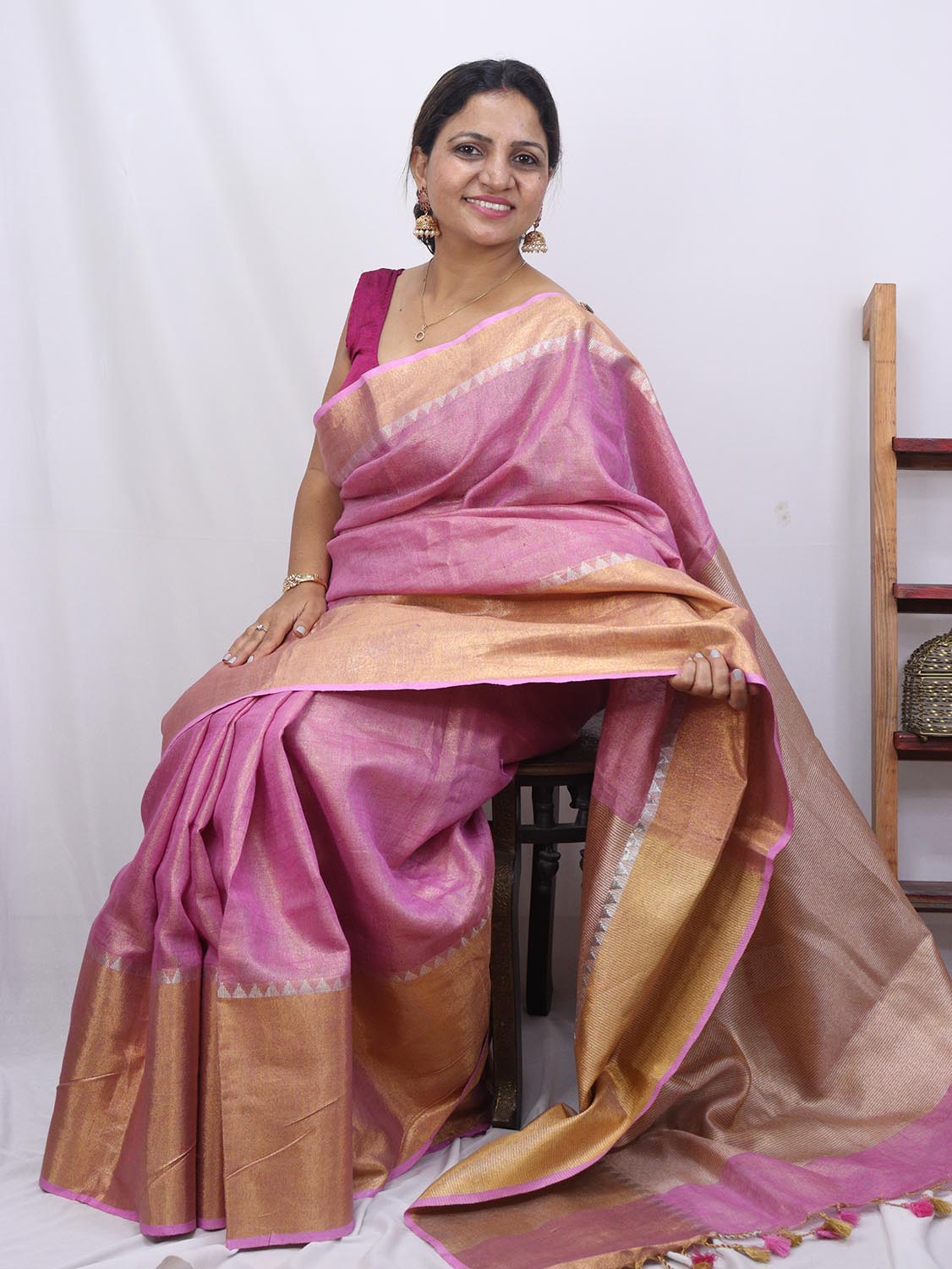 Pink Handloom Bhagalpur Tissue Linen Silk Saree - Luxurion World