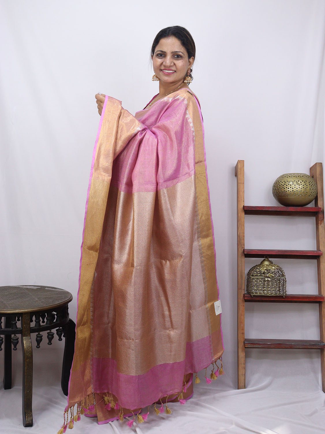 Pink Handloom Bhagalpur Tissue Linen Silk Saree - Luxurion World