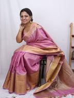 Pink Handloom Bhagalpur Tissue Linen Silk Saree - Luxurion World
