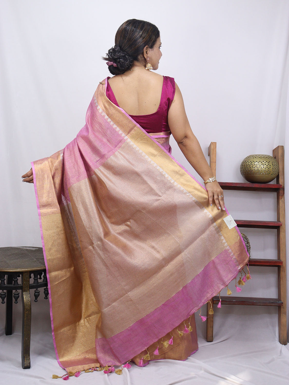 Pink Handloom Bhagalpur Tissue Linen Silk Saree - Luxurion World