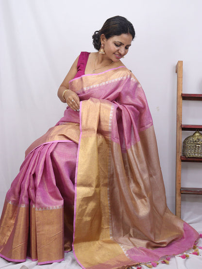 Pink Handloom Bhagalpur Tissue Linen Silk Saree - Luxurion World