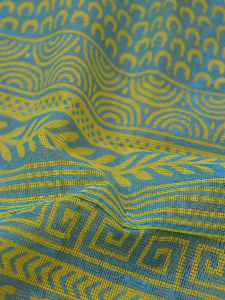 Yellow Block Printed Cotton Saree