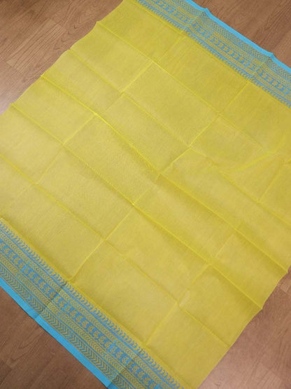 Yellow Block Printed Cotton Saree