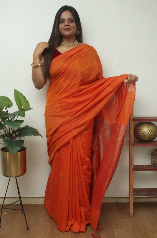 Vibrant Orange Bengal Cotton Saree - Luxurion World