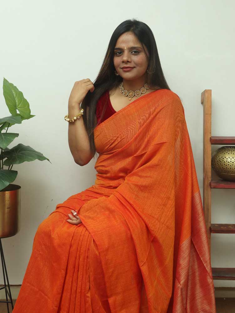 Vibrant Orange Bengal Cotton Saree - Luxurion World