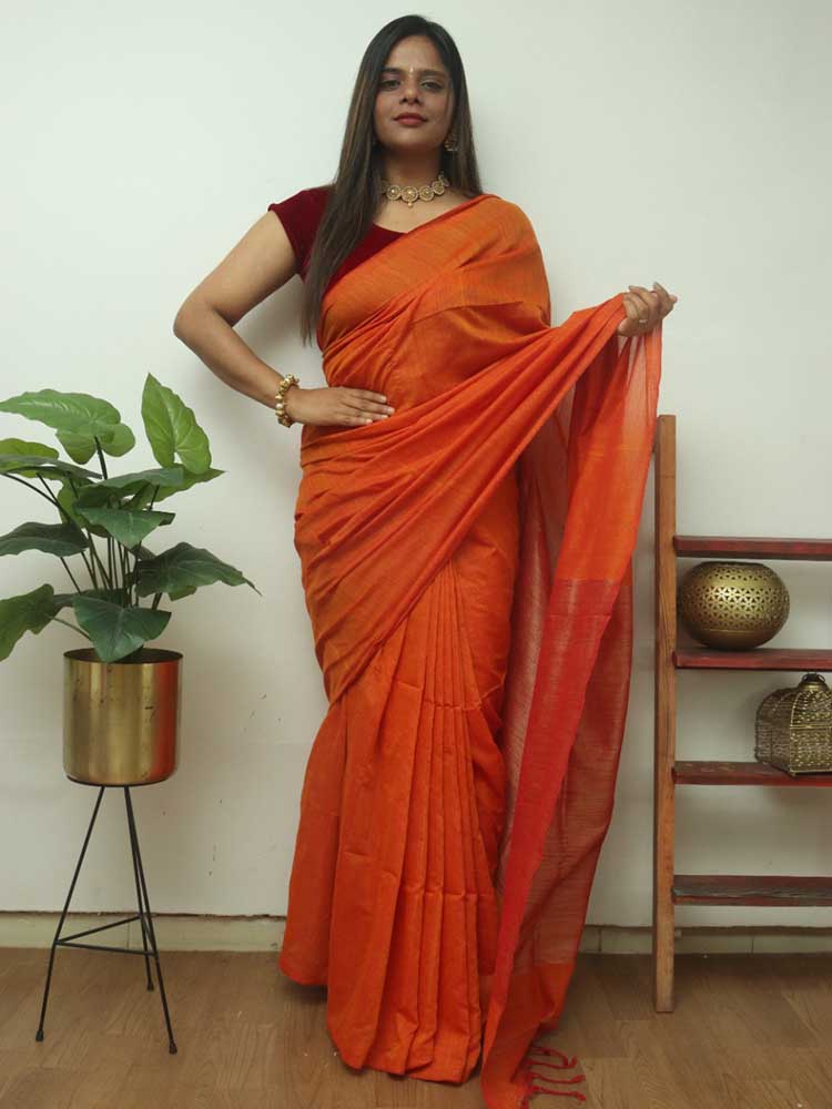 Vibrant Orange Bengal Cotton Saree - Luxurion World
